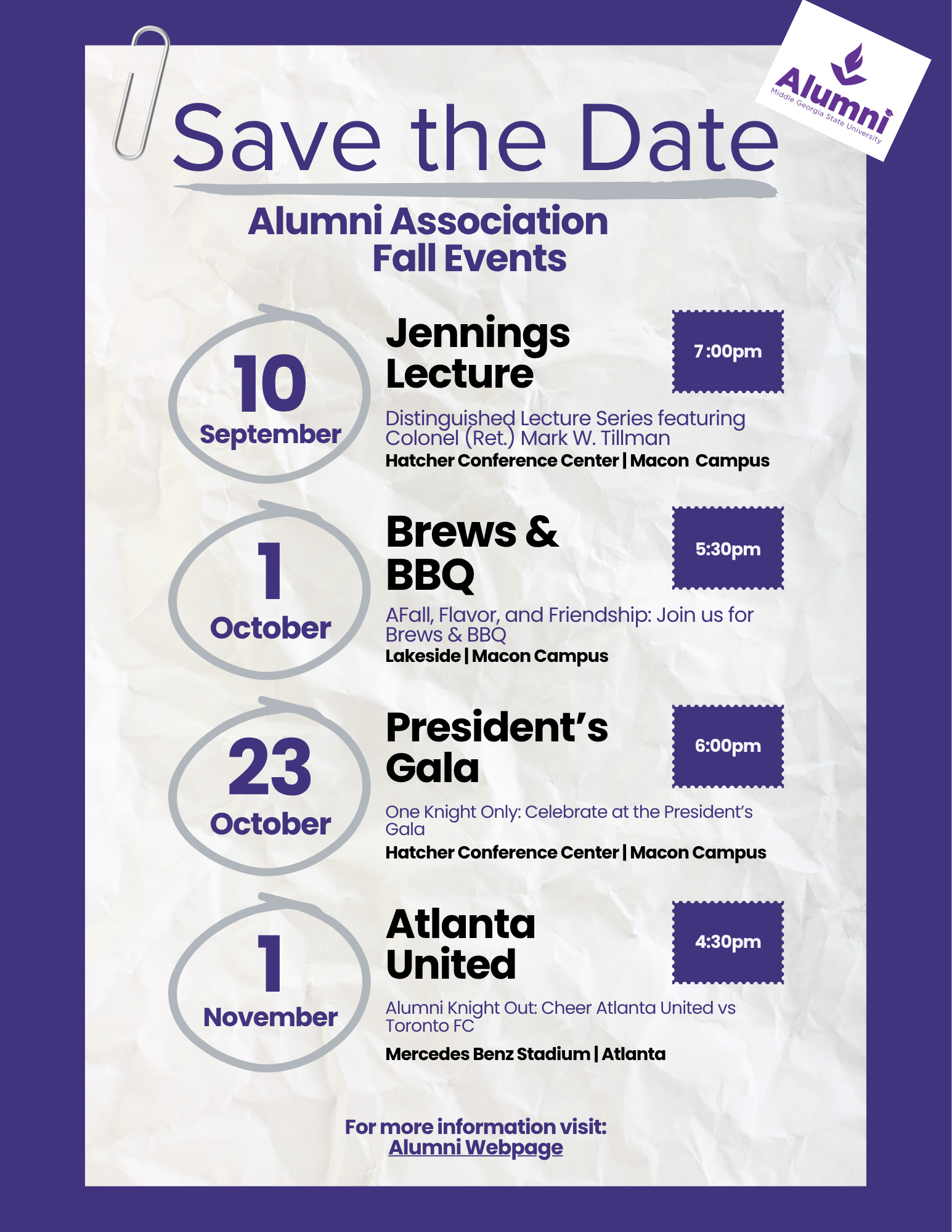MGA Alumni logo, Save the Date: Alumni Association Fall events; Sept. 10: Jennings Lecture with Colonel (Ret.) Mark W. Tillman at the Hatcher Conference Center Macon Campus, Oct. 1: Brews & BBQ Lakeside Macon Campus, October 23: President's Gala 'One Knight Only' Hatcher Conference Center Macon Campus, November 1: Atlanta United Alumni Knight out Mercedes Benz Stadium in Atlanta