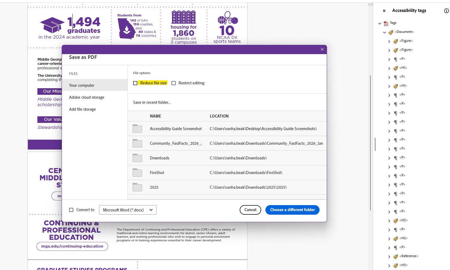 save as option for pdf file shows the reduce file size toggle