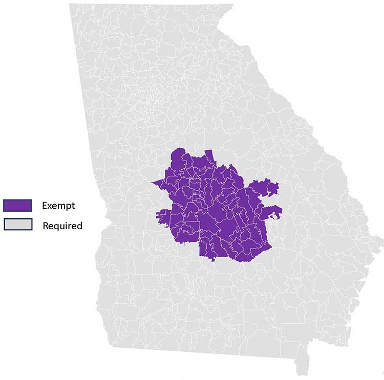 A map of the zip codes in Middle Georgia that are exempt from living on campus.